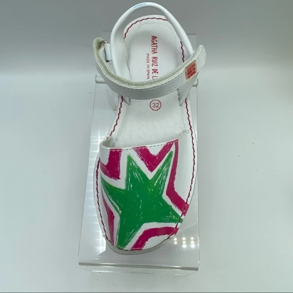 Agatha Ruiz De La Prada White Kids Sandals with Pink, Green & Blue Accents